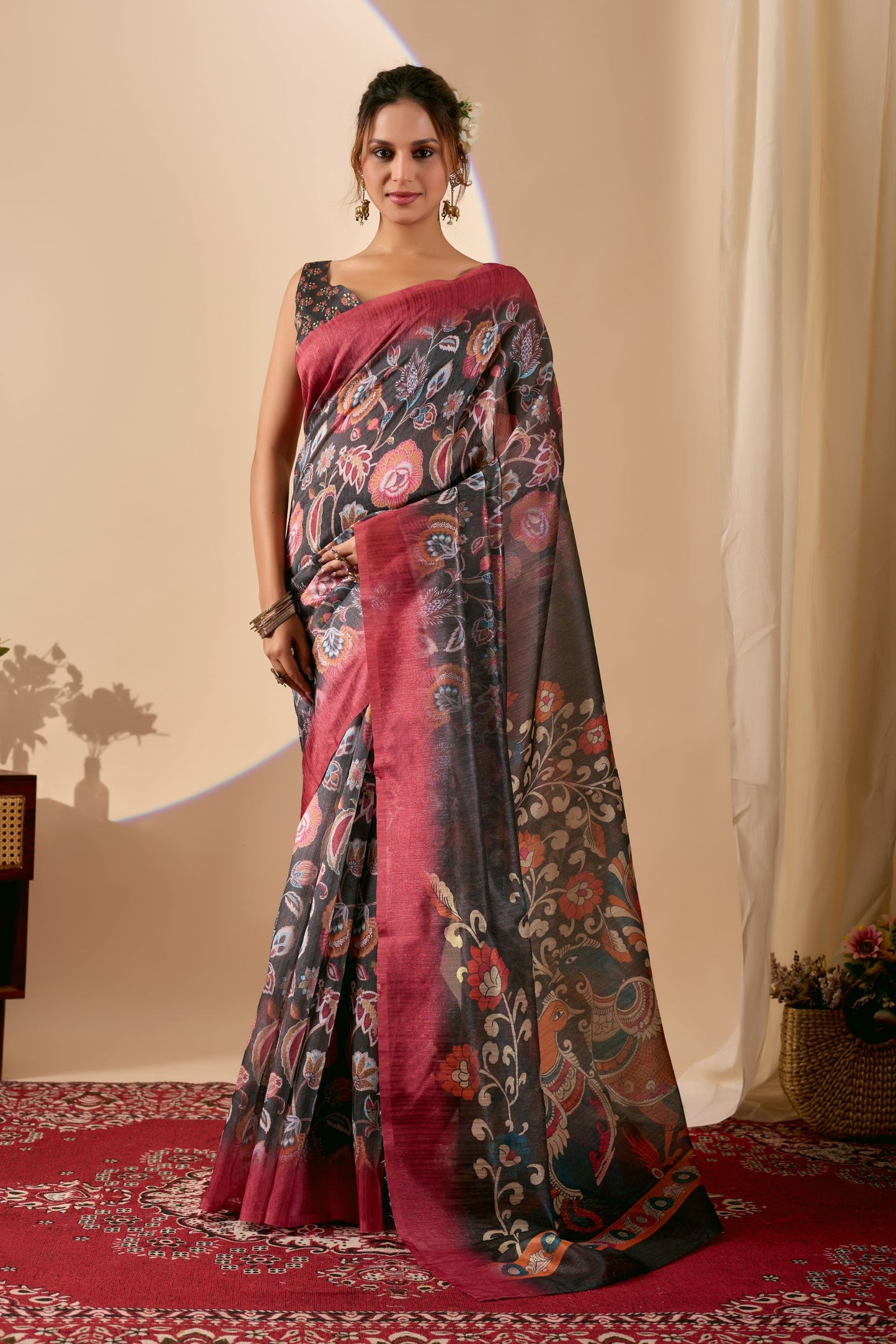 Graceful Charcoal Grey Silk Blend Designer Printed Saree for Women