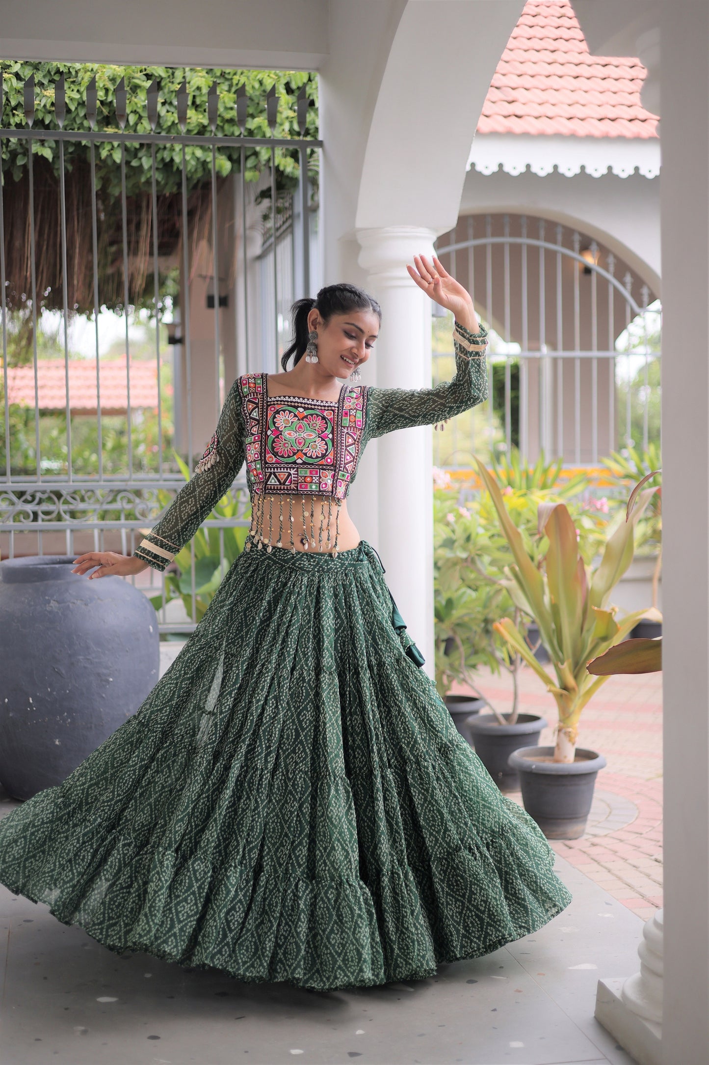 Stunning Rama Green Bandhani Printed Designer Lehenga Choli Set with Blouse for Navratri