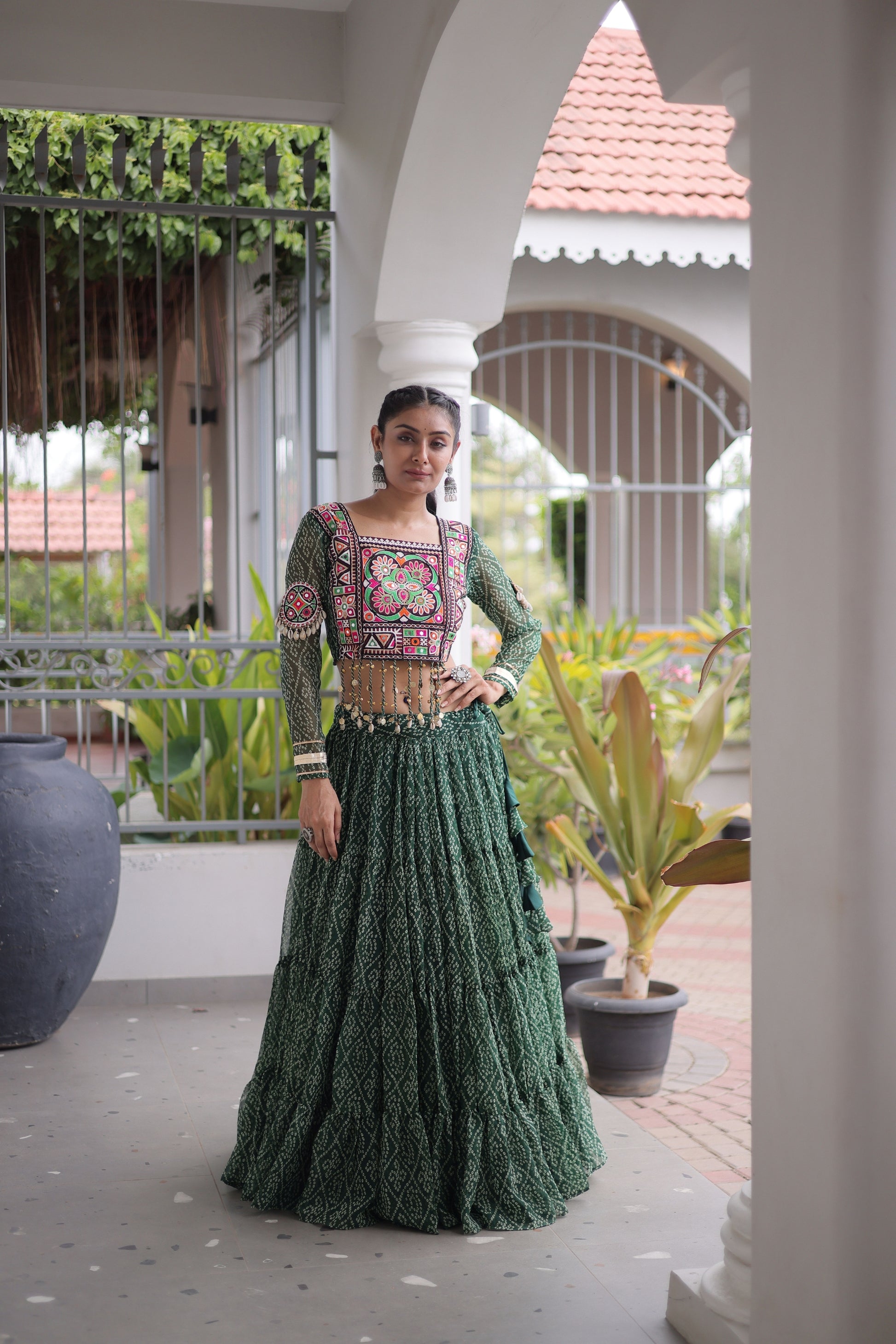 Stunning Rama Green Bandhani Printed Designer Lehenga Choli Set with Blouse for Navratri