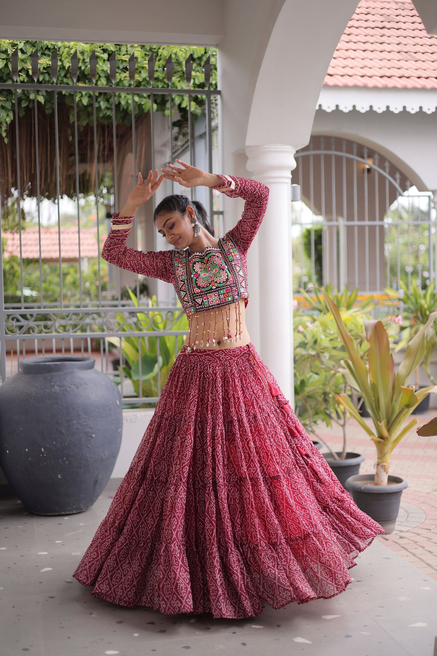 Grateful Maroon Bandhani Printed Designer Lehenga Choli Set with Blouse for Navratri