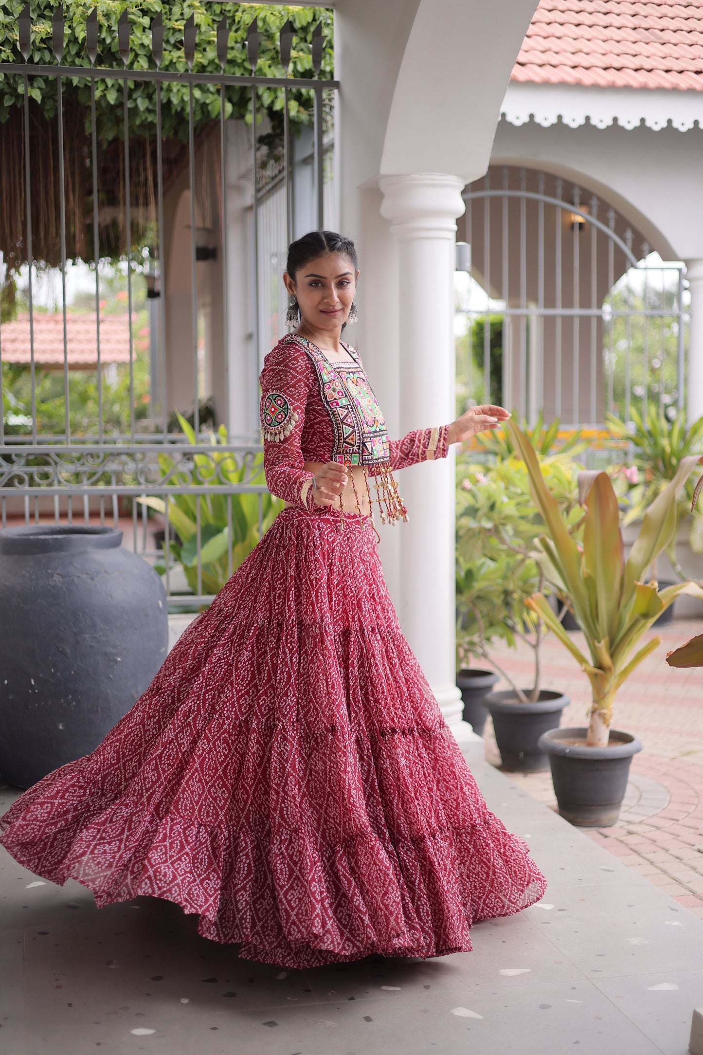 Grateful Maroon Bandhani Printed Designer Lehenga Choli Set with Blouse for Navratri