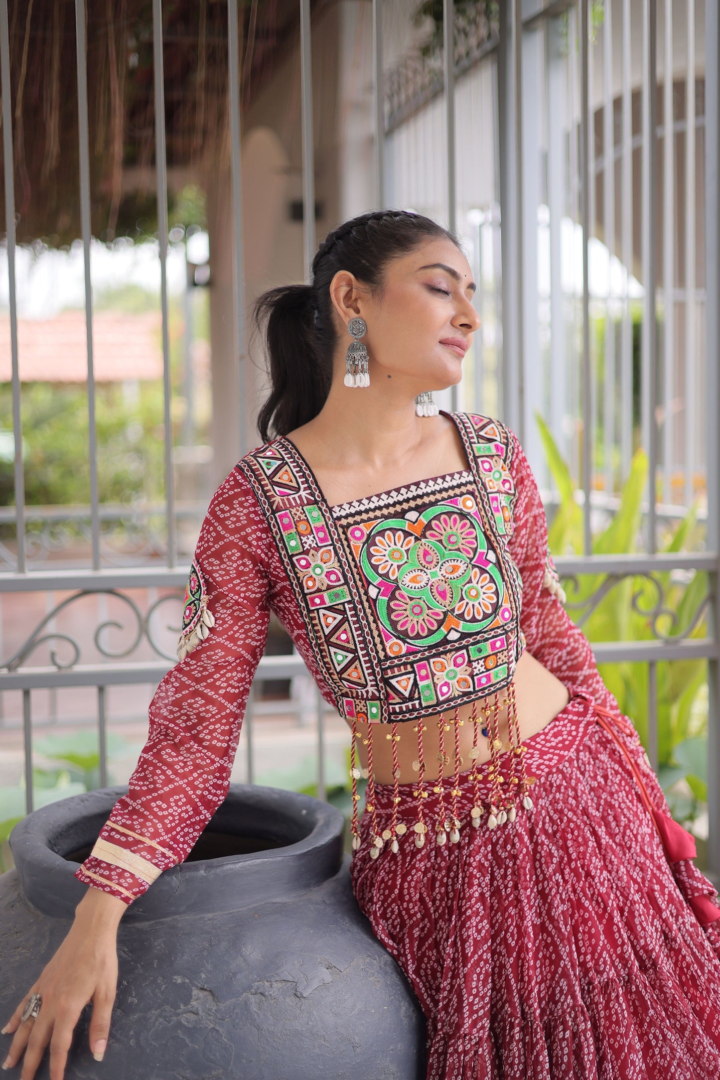 Grateful Maroon Bandhani Printed Designer Lehenga Choli Set with Blouse for Navratri