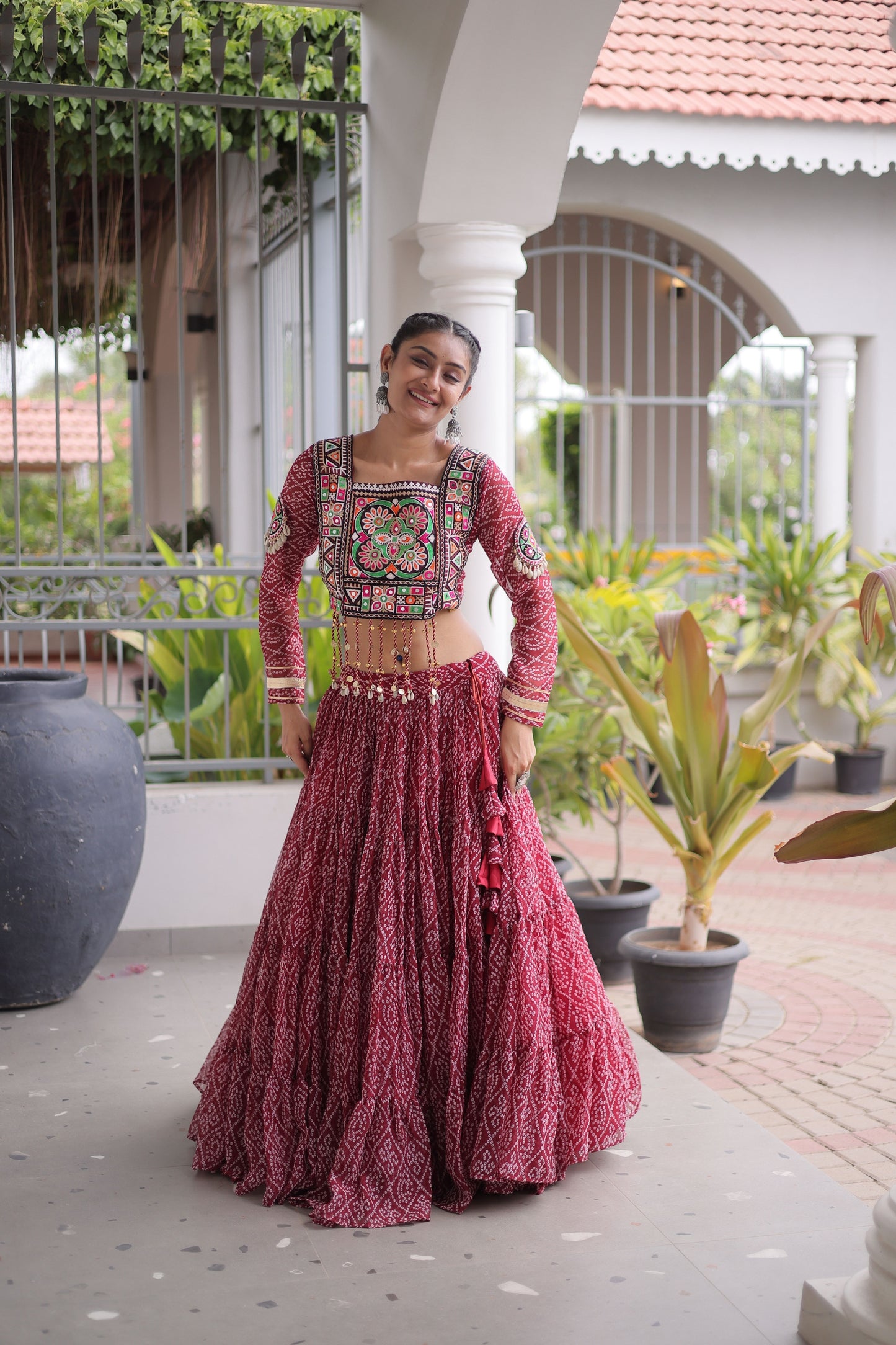 Grateful Maroon Bandhani Printed Designer Lehenga Choli Set with Blouse for Navratri