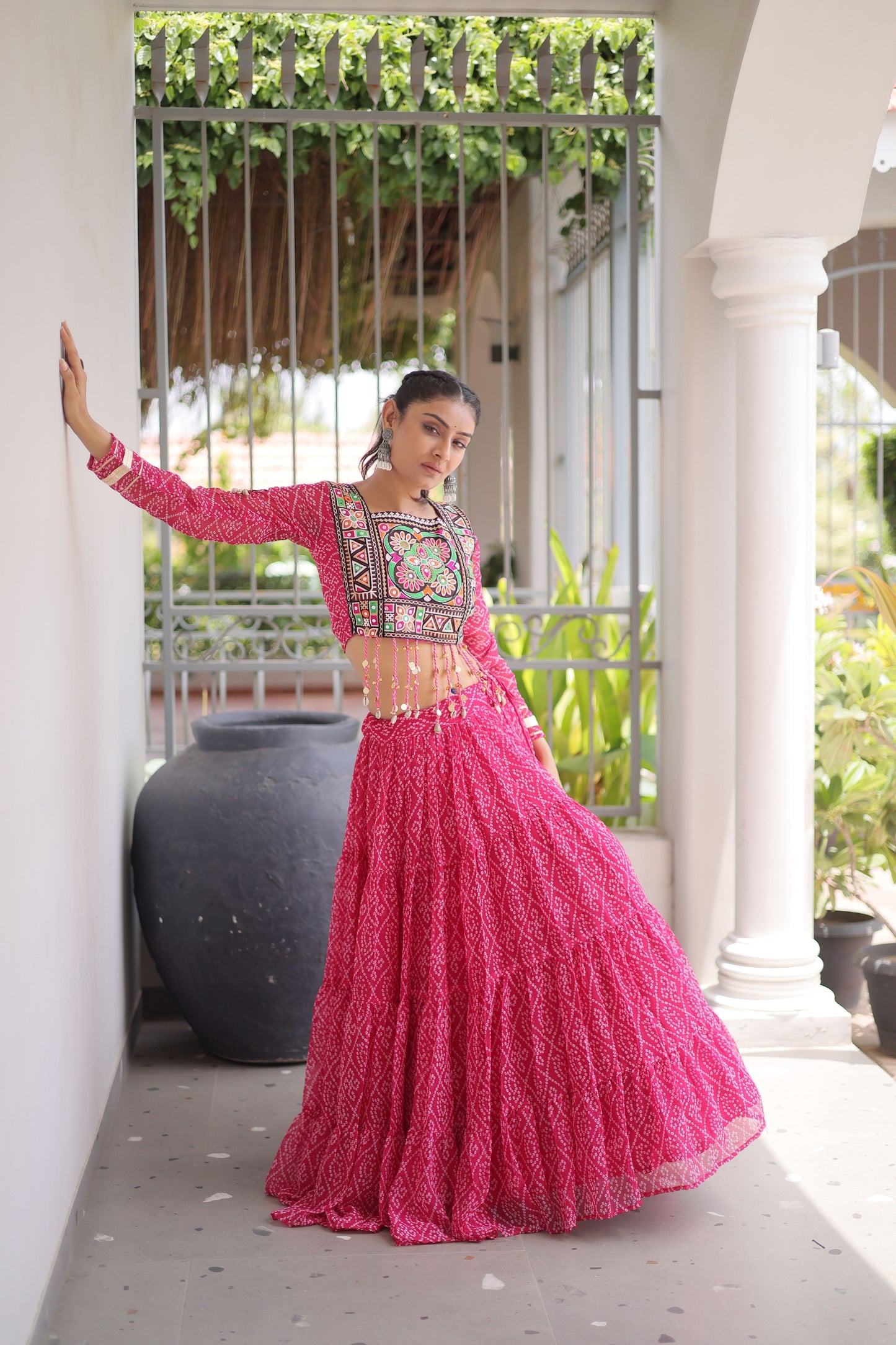 Trendy Rani Pink Bandhani Printed Designer Lehenga Choli Set with Blouse for Navratri