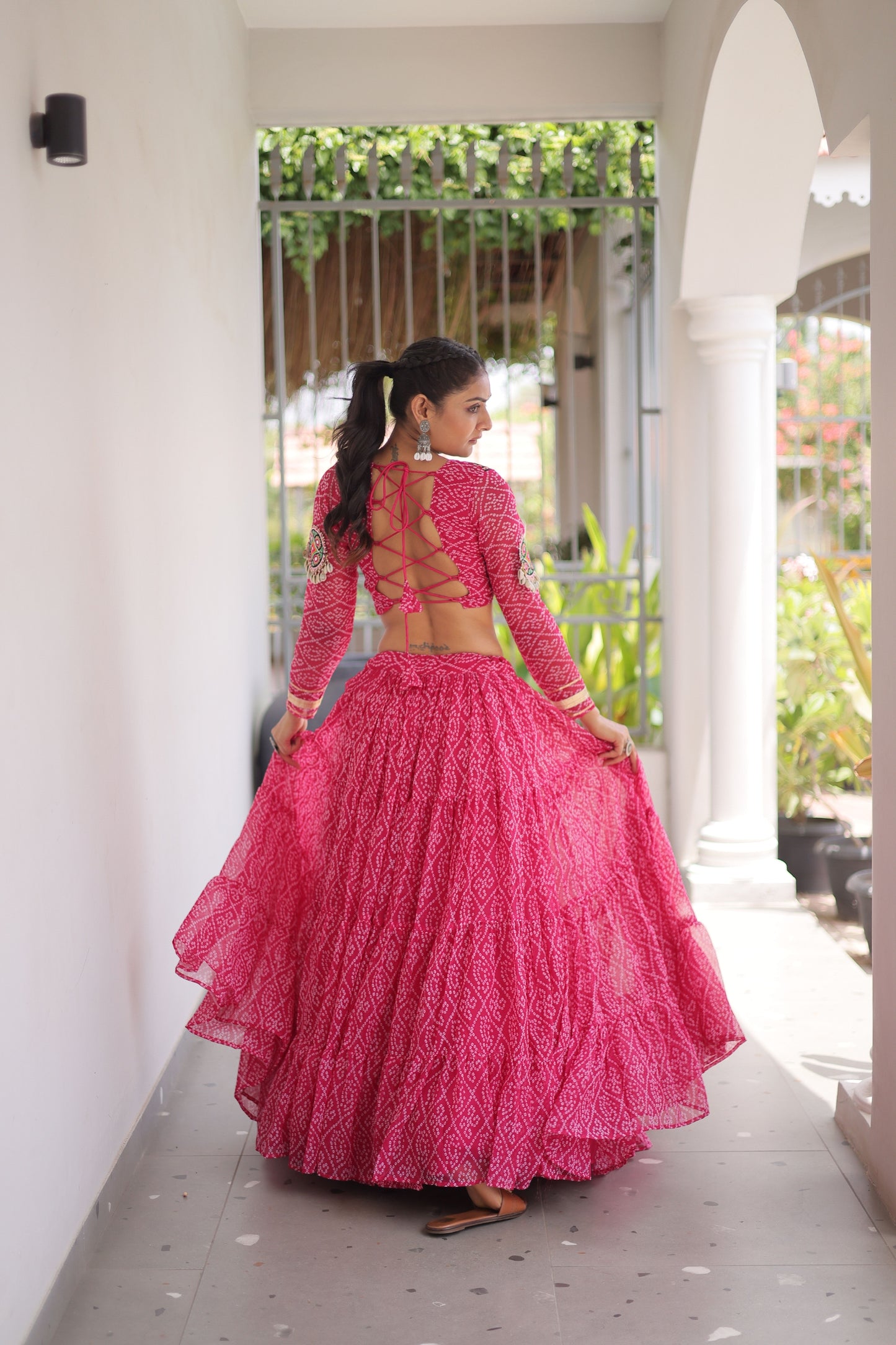 Trendy Rani Pink Bandhani Printed Designer Lehenga Choli Set with Blouse for Navratri