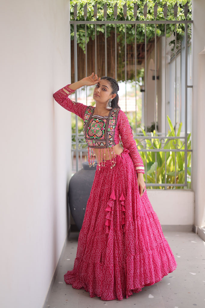 Trendy Rani Pink Bandhani Printed Designer Lehenga Choli Set with Blouse for Navratri