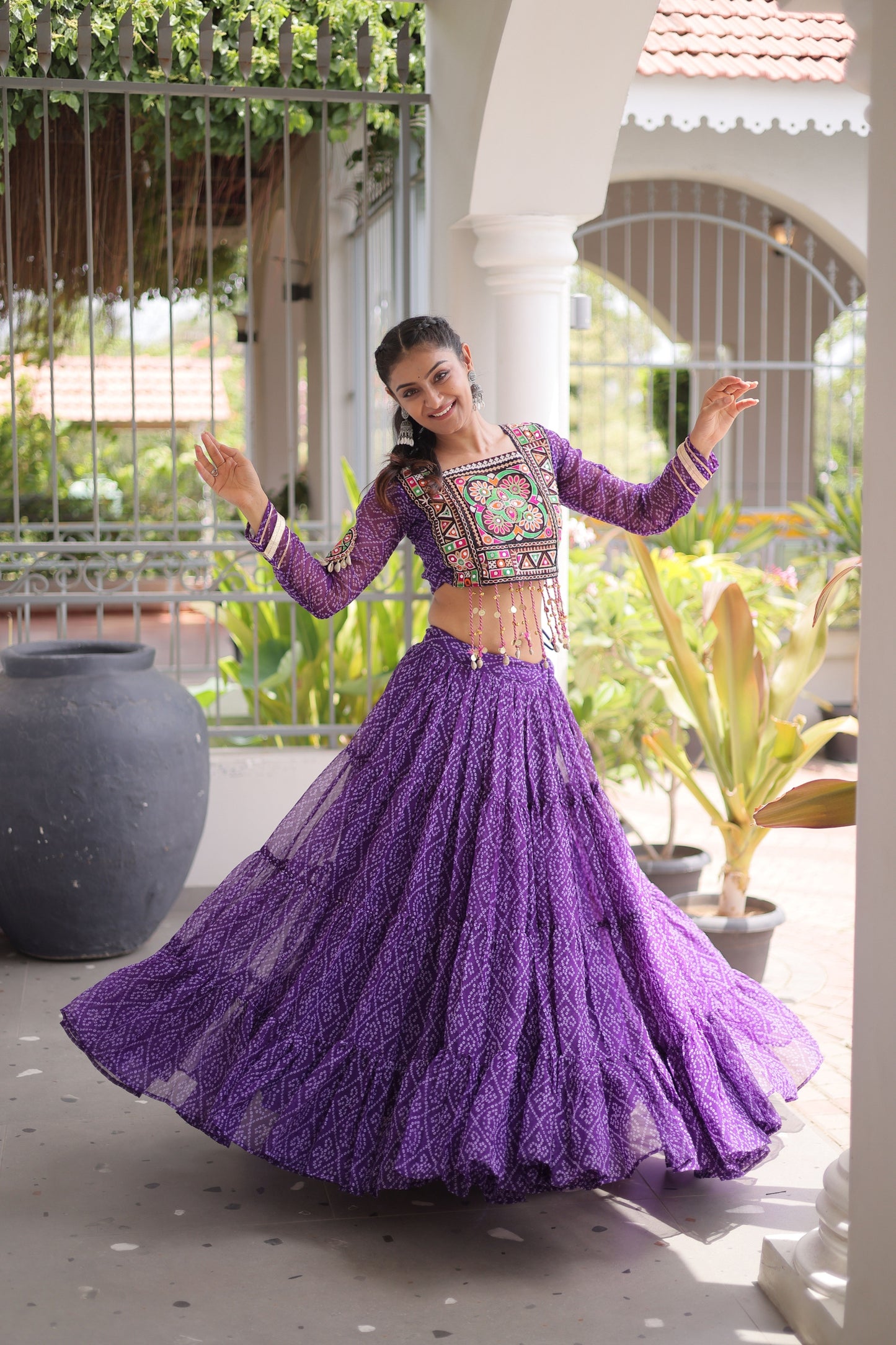 Traditional Purple Bandhani Printed Designer Lehenga Choli Set with Blouse for Navratri