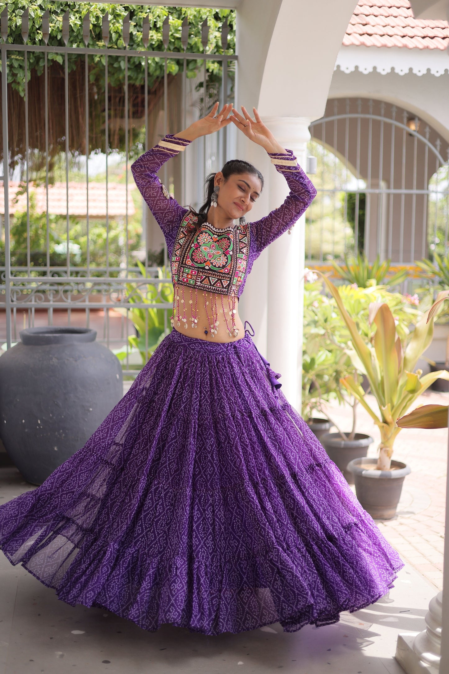 Traditional Purple Bandhani Printed Designer Lehenga Choli Set with Blouse for Navratri