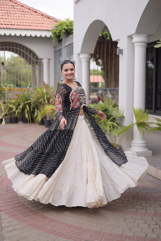 Elegant Black Leheriya Printed Designer Lehenga Choli Set with White Skirt for Navratri