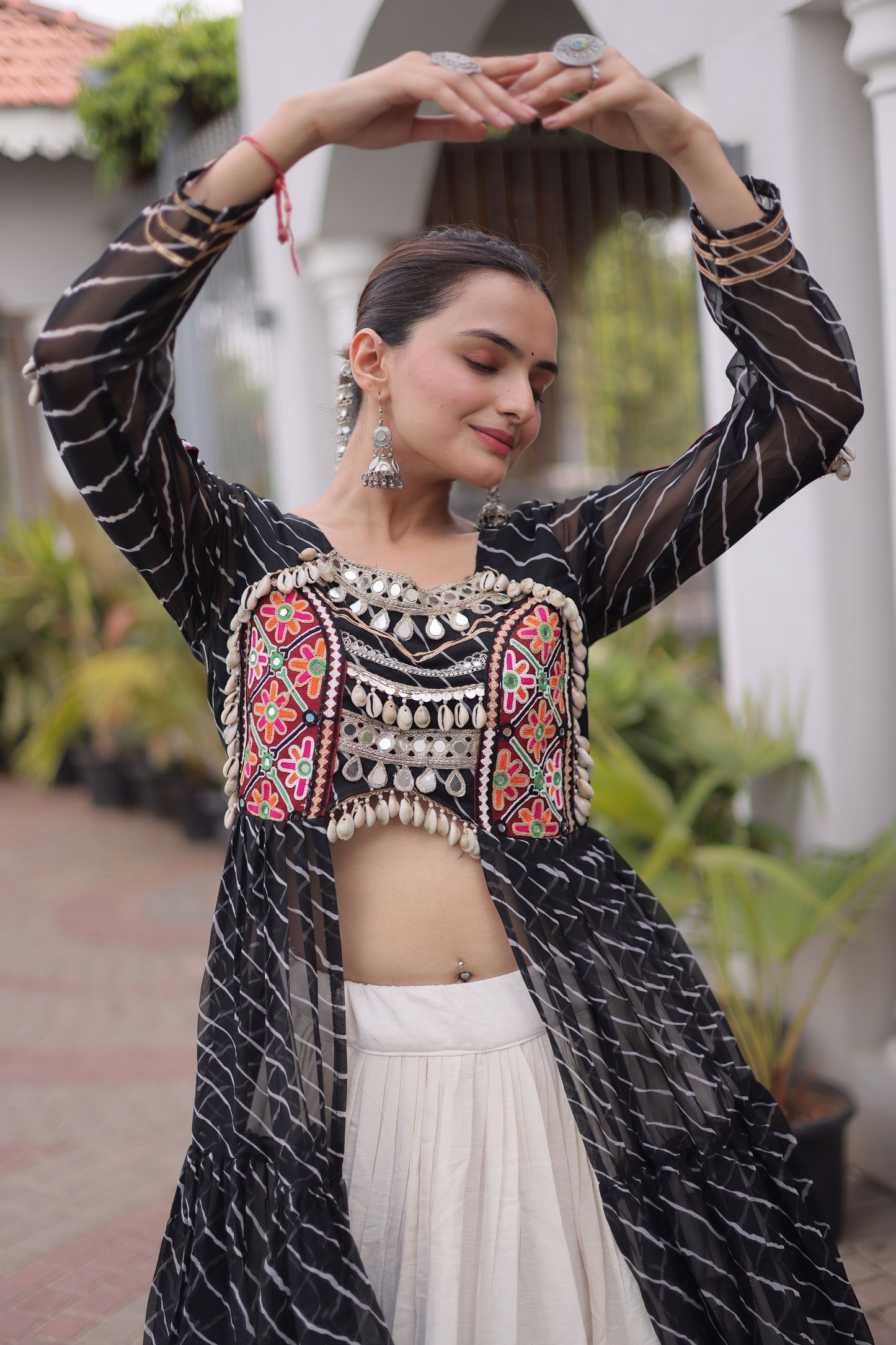Elegant Black Leheriya Printed Designer Lehenga Choli Set with White Skirt for Navratri
