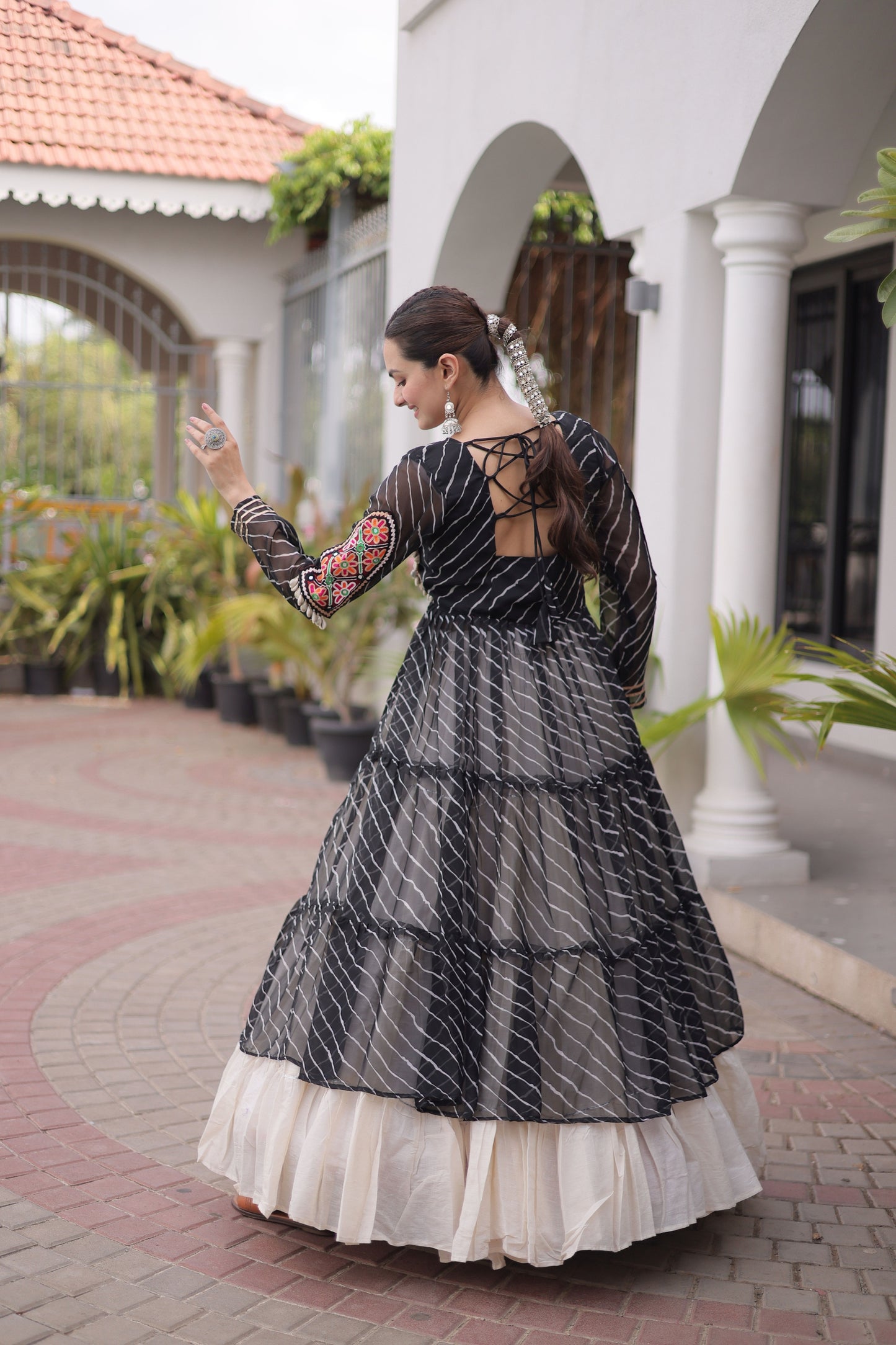 Elegant Black Leheriya Printed Designer Lehenga Choli Set with White Skirt for Navratri