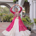 Gorgeous Rani Pink Leheriya Printed Designer Lehenga Choli Set with White Skirt for Navratri