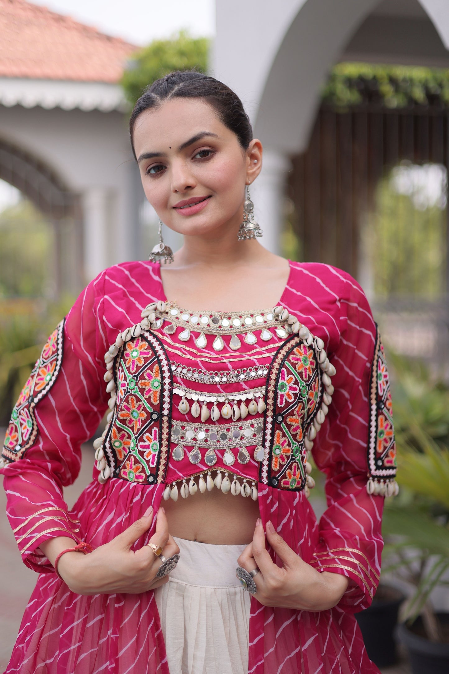 Gorgeous Rani Pink Leheriya Printed Designer Lehenga Choli Set with White Skirt for Navratri