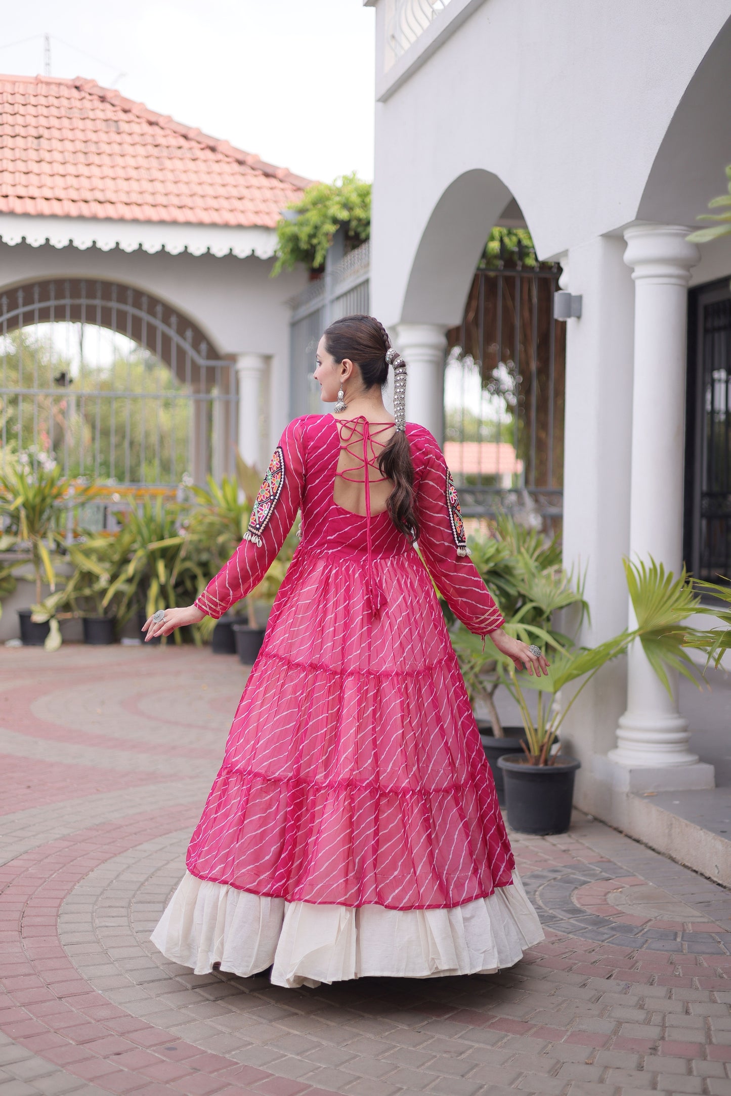 Gorgeous Rani Pink Leheriya Printed Designer Lehenga Choli Set with White Skirt for Navratri