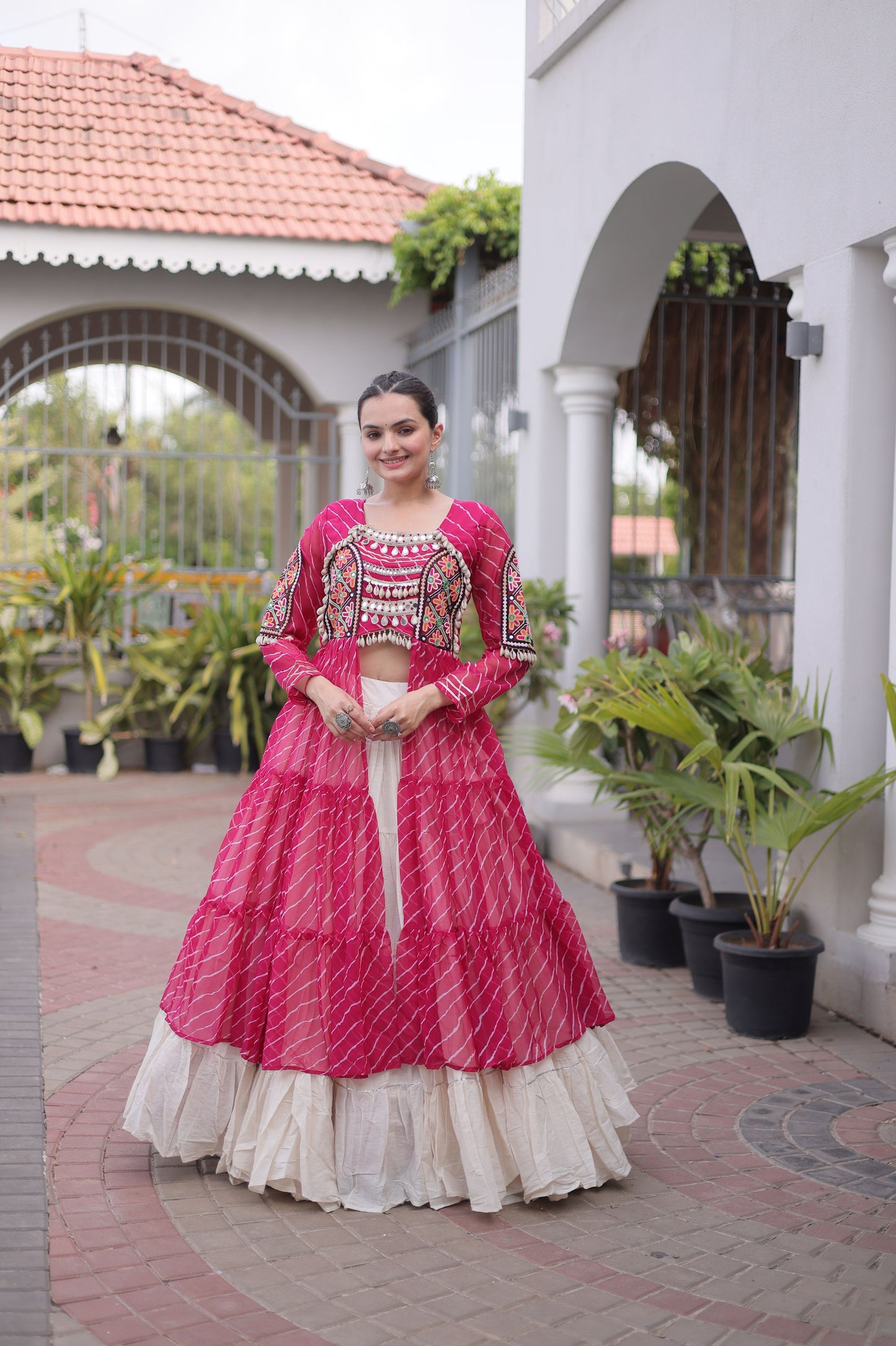 Gorgeous Rani Pink Leheriya Printed Designer Lehenga Choli Set with White Skirt for Navratri