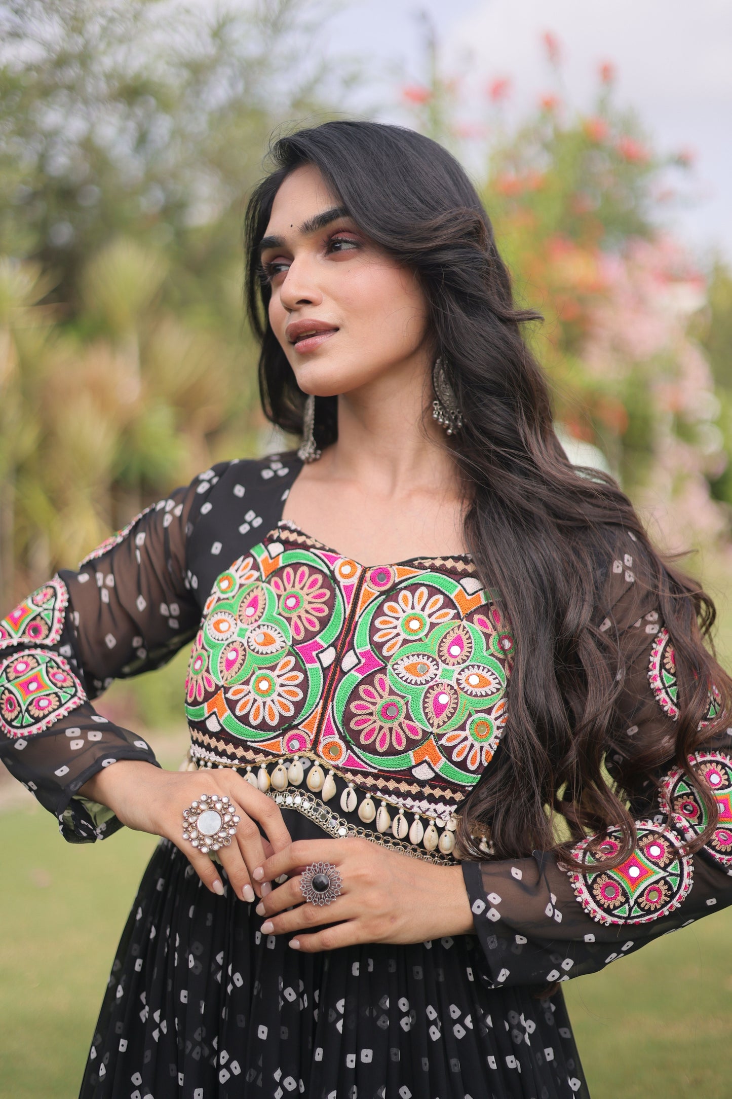Stunning Black Faux Georgette Bandhani Printed Designer Gown for Navratri