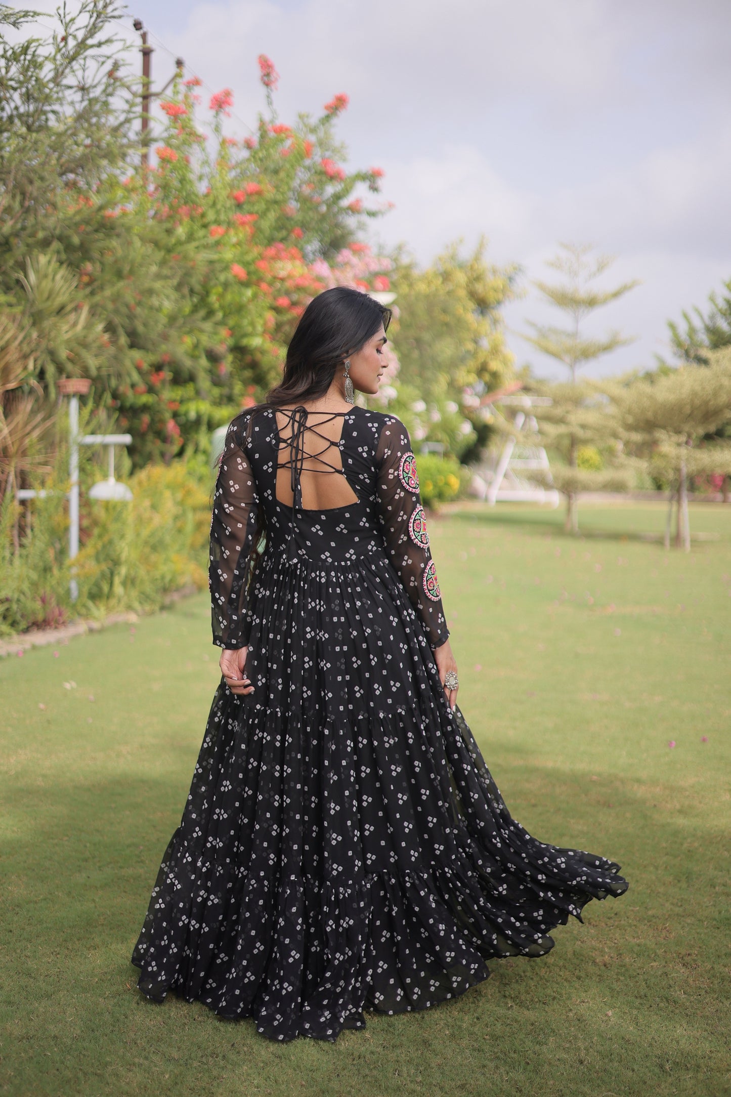 Stunning Black Faux Georgette Bandhani Printed Designer Gown for Navratri