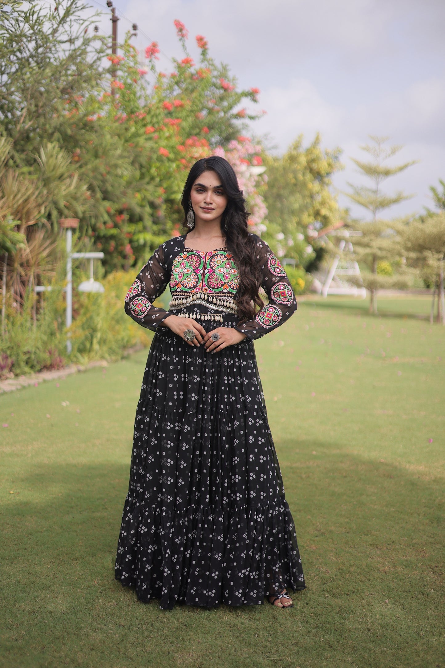 Stunning Black Faux Georgette Bandhani Printed Designer Gown for Navratri