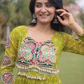 Awesome Parrot Green Faux Georgette Bandhani Printed Designer Gown for Navratri