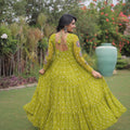 Awesome Parrot Green Faux Georgette Bandhani Printed Designer Gown for Navratri