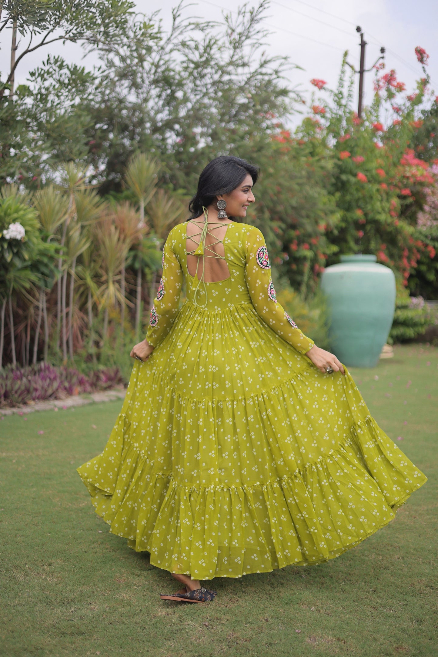 Awesome Parrot Green Faux Georgette Bandhani Printed Designer Gown for Navratri