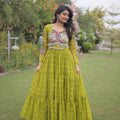 Awesome Parrot Green Faux Georgette Bandhani Printed Designer Gown for Navratri
