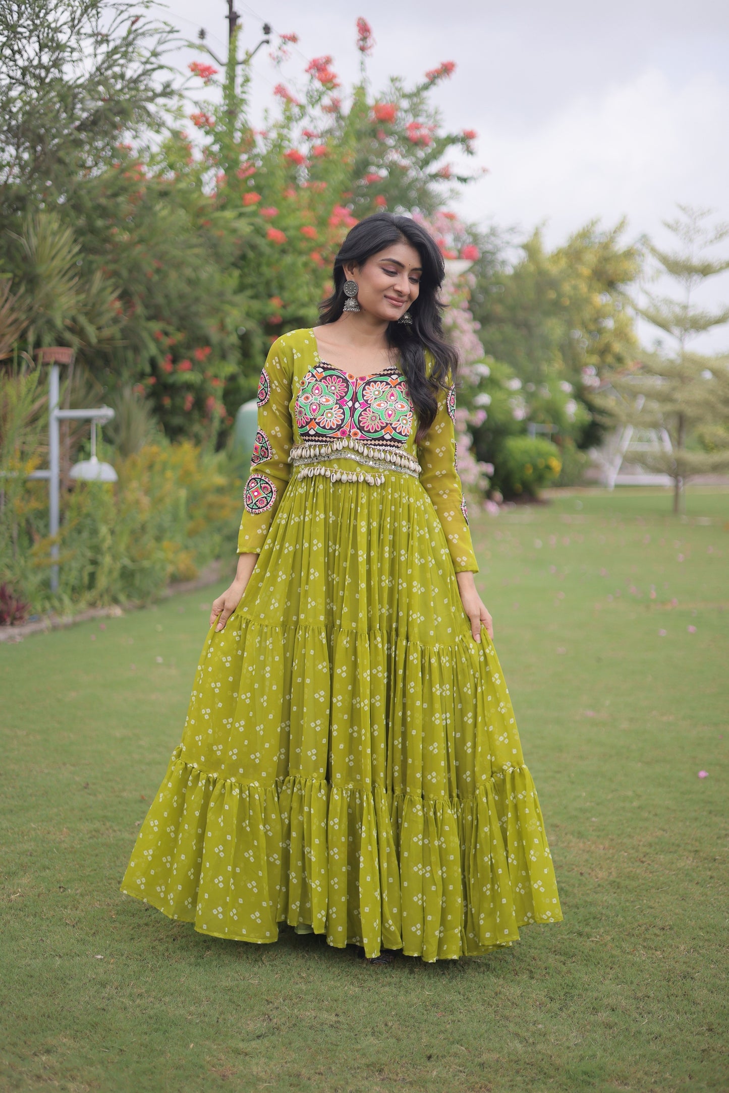 Awesome Parrot Green Faux Georgette Bandhani Printed Designer Gown for Navratri