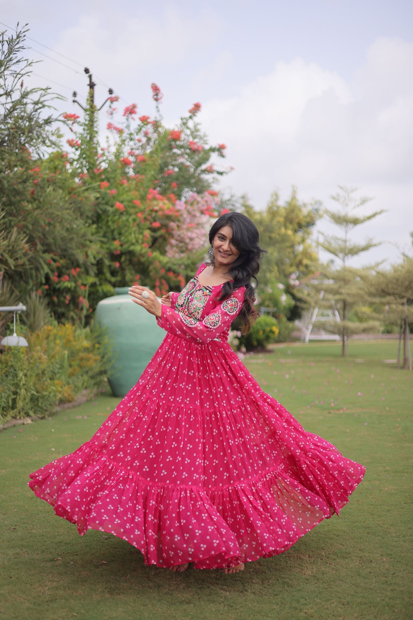 Gorgeous Rani Pink Faux Georgette Bandhani Printed Designer Gown for Navratri