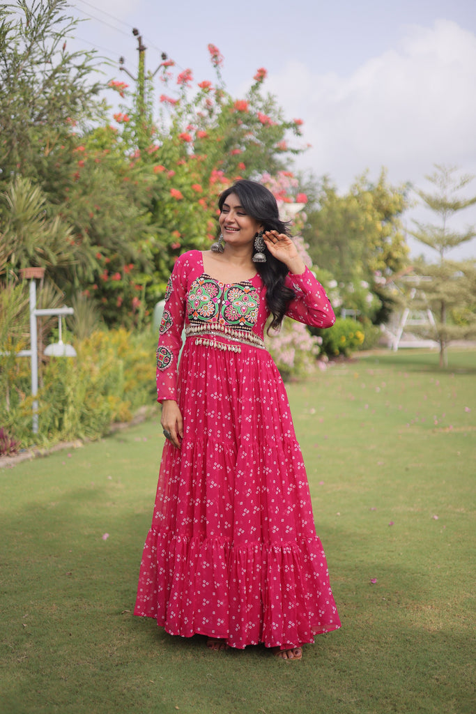 Gorgeous Rani Pink Faux Georgette Bandhani Printed Designer Gown for Navratri