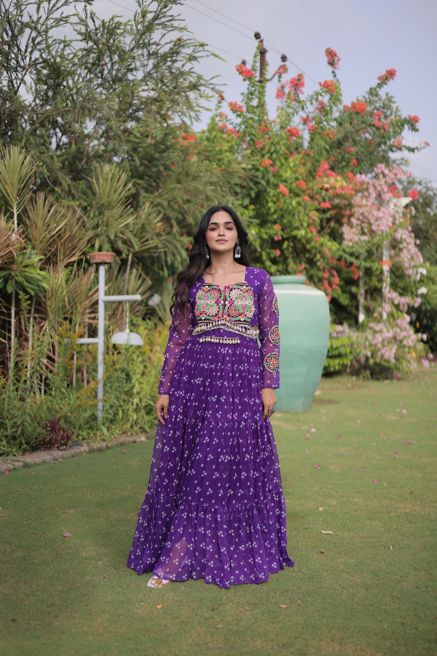 Stylish Purple Faux Georgette Bandhani Printed Designer Gown for Navratri