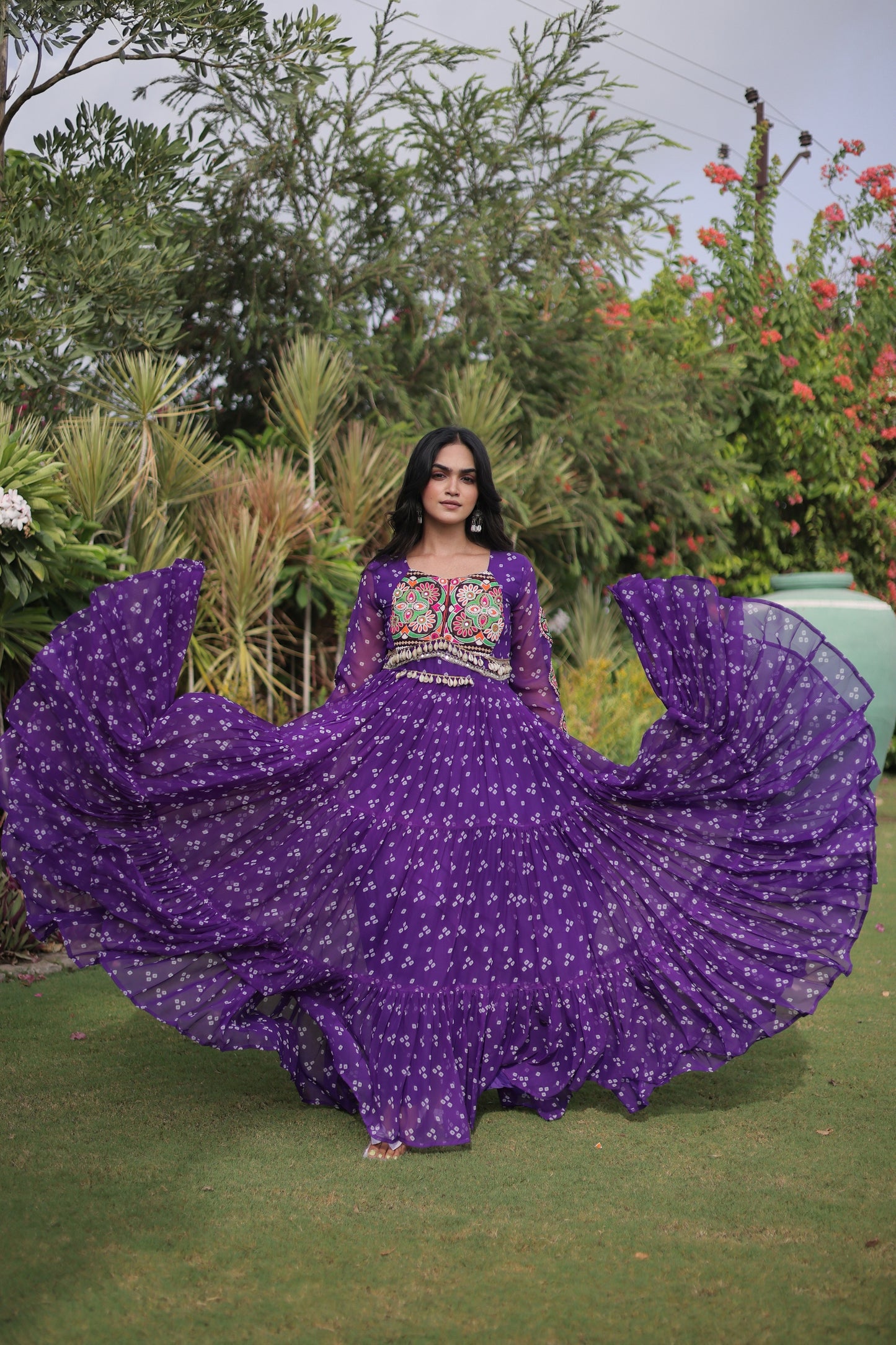 Stylish Purple Faux Georgette Bandhani Printed Designer Gown for Navratri