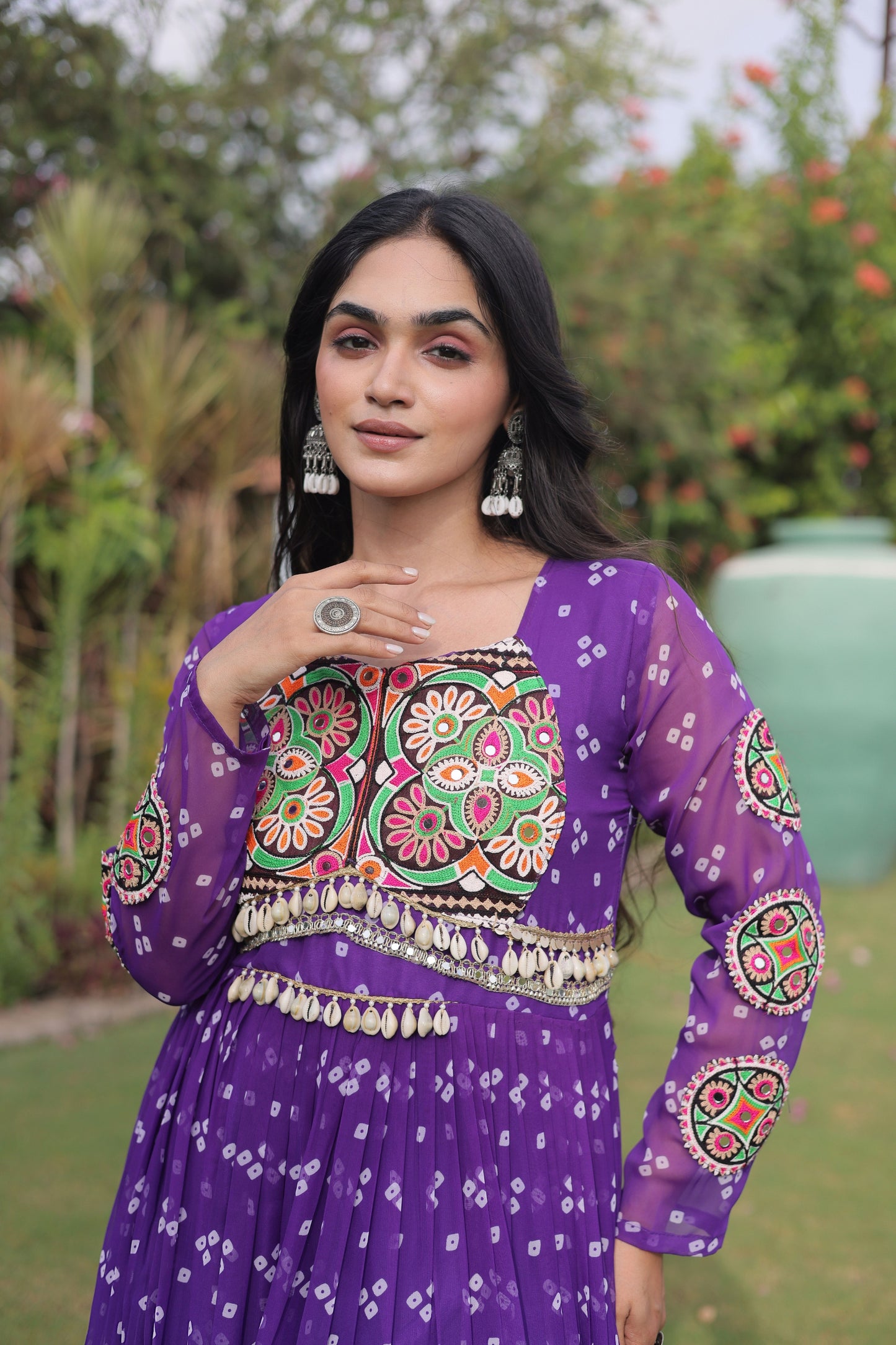 Stylish Purple Faux Georgette Bandhani Printed Designer Gown for Navratri