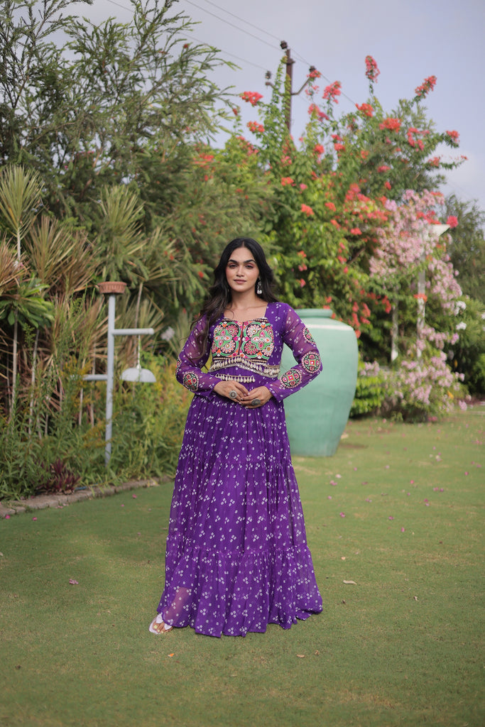 Stylish Purple Faux Georgette Bandhani Printed Designer Gown for Navratri