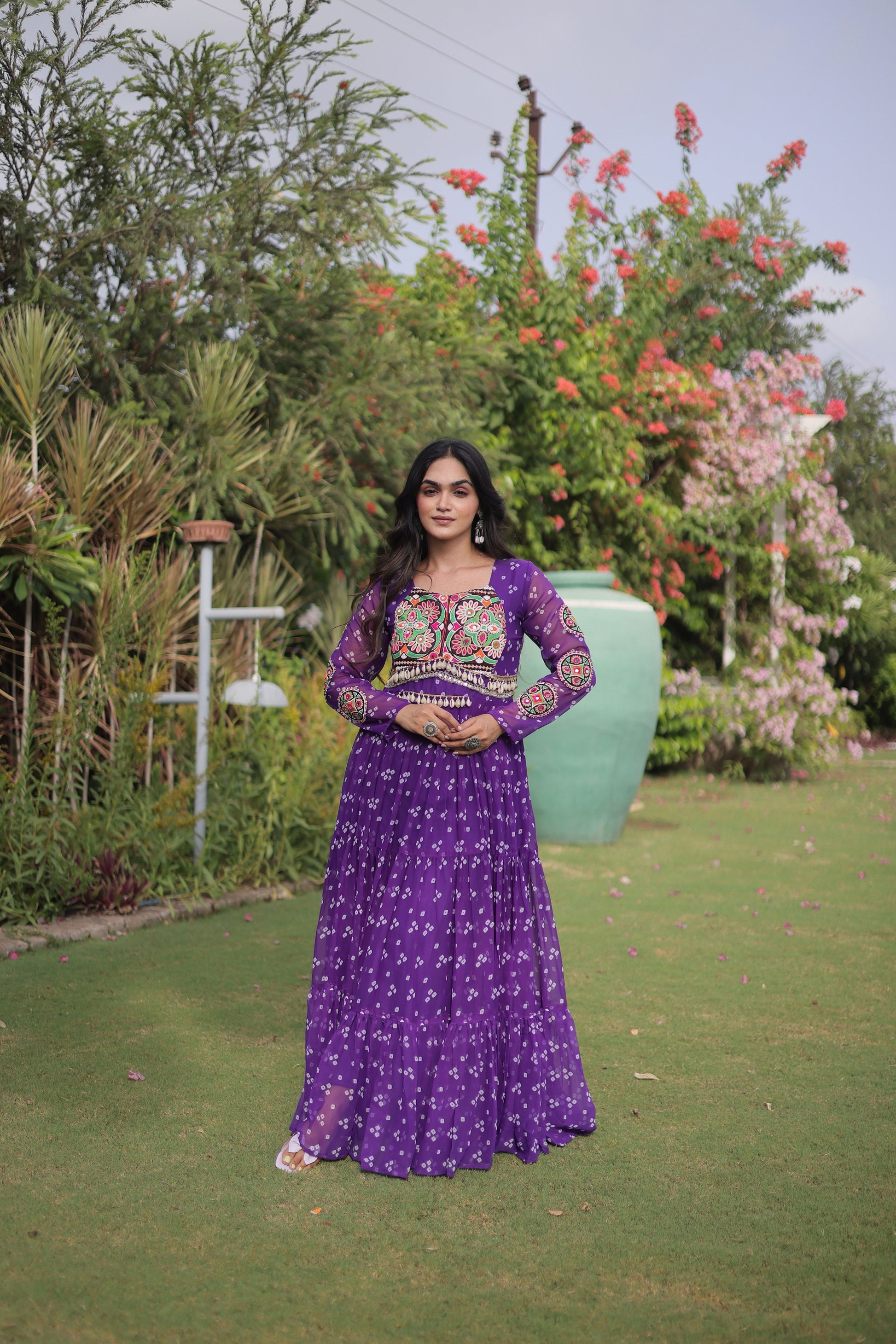 Stylish Purple Faux Georgette Bandhani Printed Designer Gown for Navratri