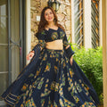 Elegant Navy Blue French Crepe Digital Printed Designer Lehenga Choli Set with Dupatta