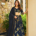 Elegant Navy Blue French Crepe Digital Printed Designer Lehenga Choli Set with Dupatta