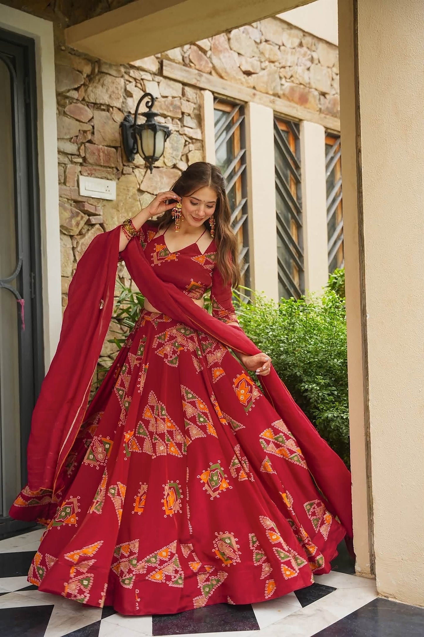 Stylish Red French Crepe Digital Printed Designer Lehenga Choli Set with Dupatta