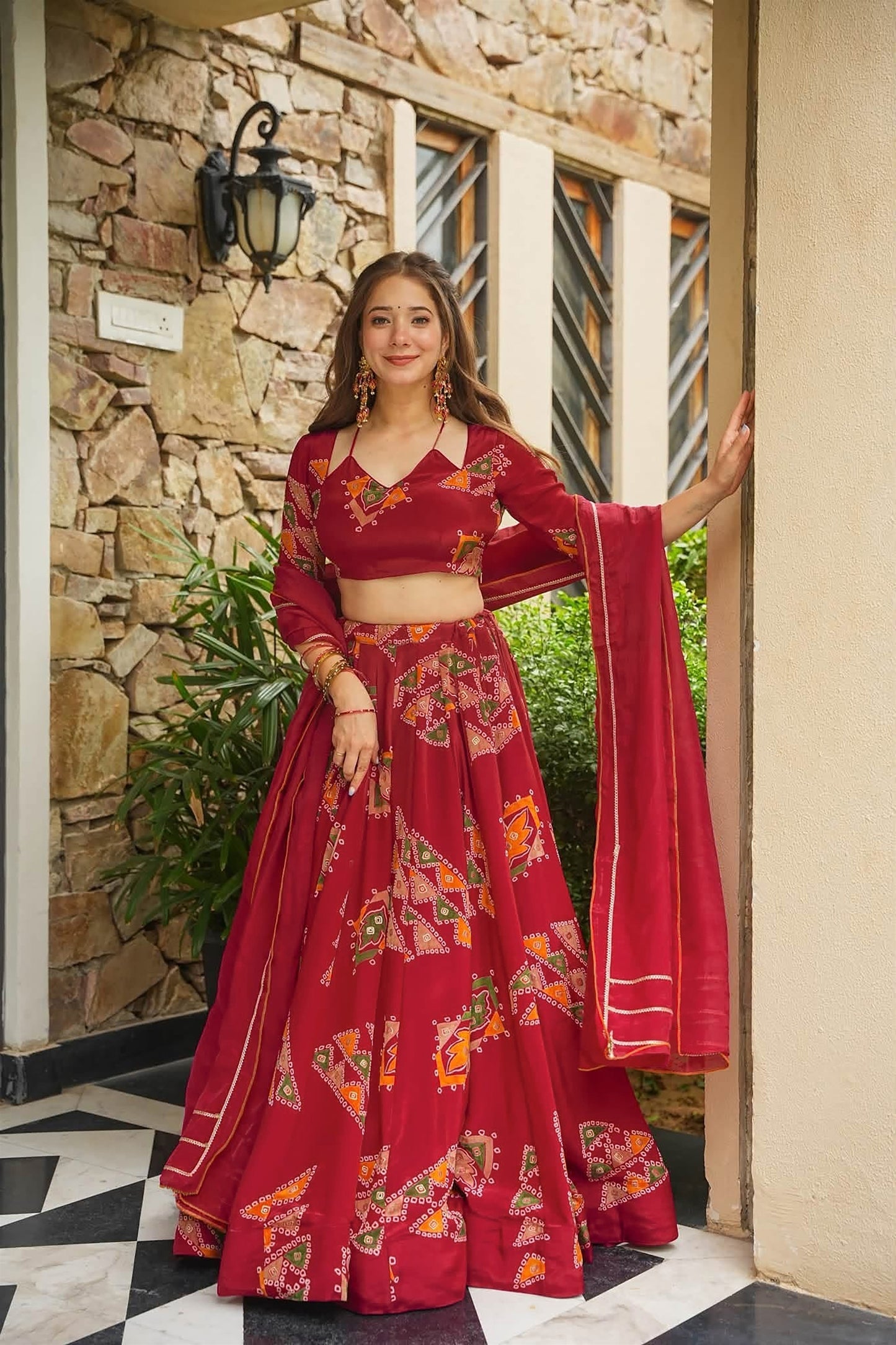Stylish Red French Crepe Digital Printed Designer Lehenga Choli Set with Dupatta