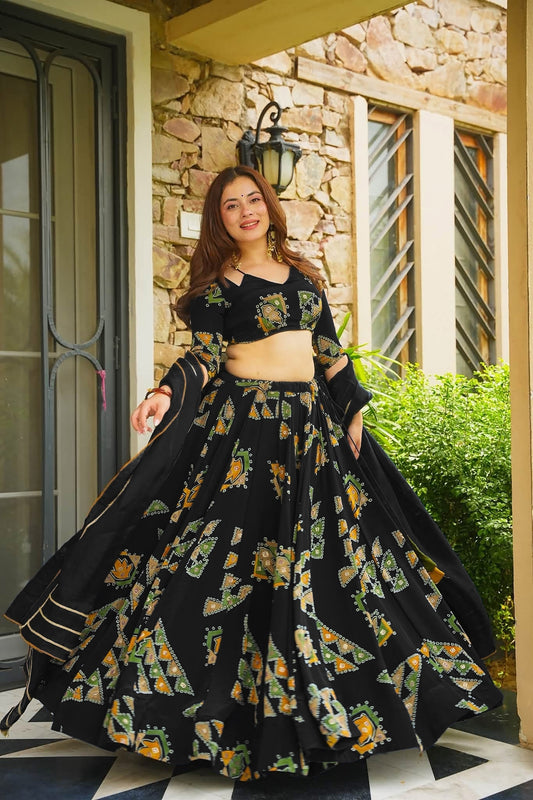 Awesome Black French Crepe Digital Printed Designer Lehenga Choli Set with Dupatta
