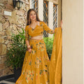 Gorgeous Mustard Yellow French Crepe Digital Printed Designer Lehenga Choli Set with Dupatta
