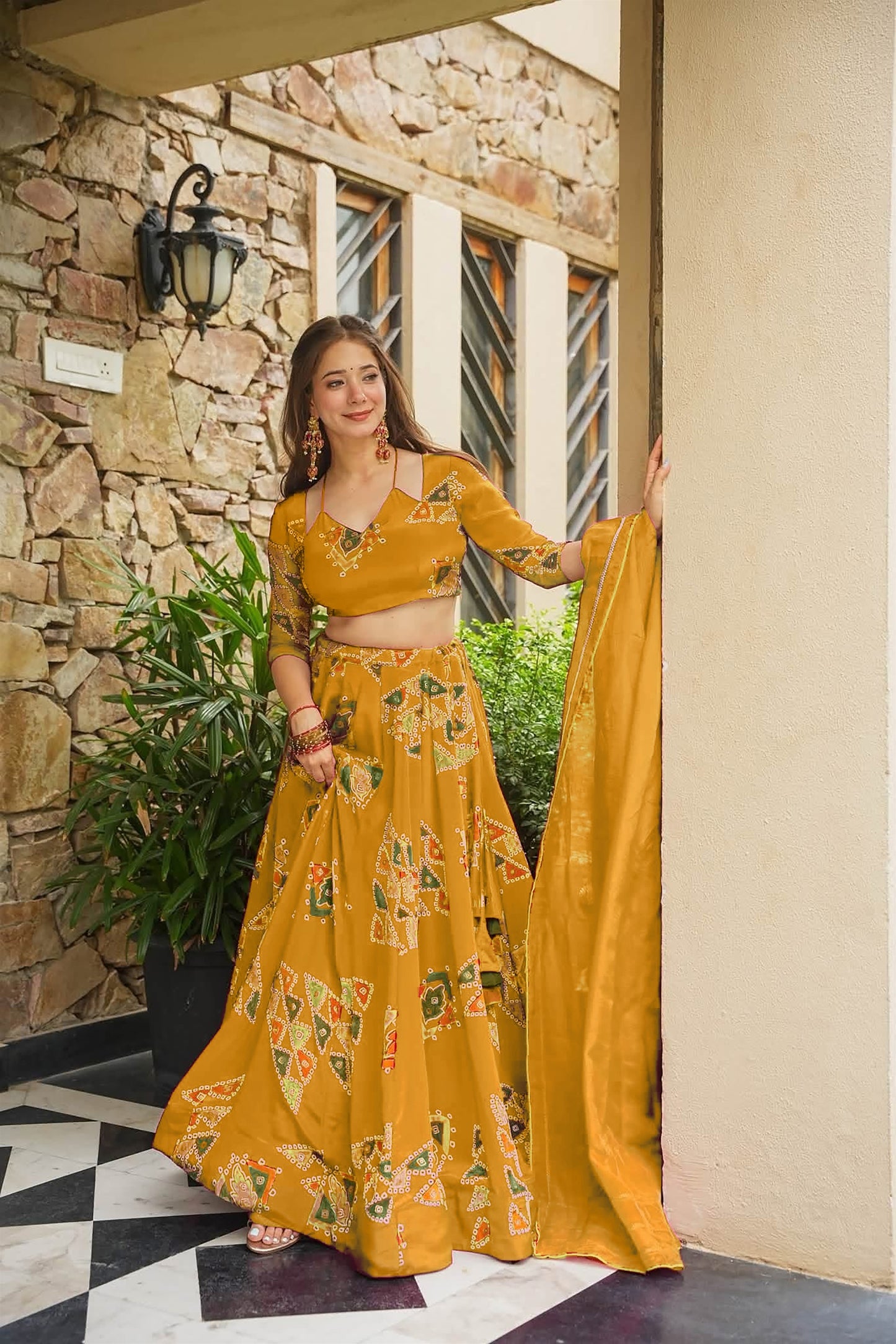 Gorgeous Mustard Yellow French Crepe Digital Printed Designer Lehenga Choli Set with Dupatta