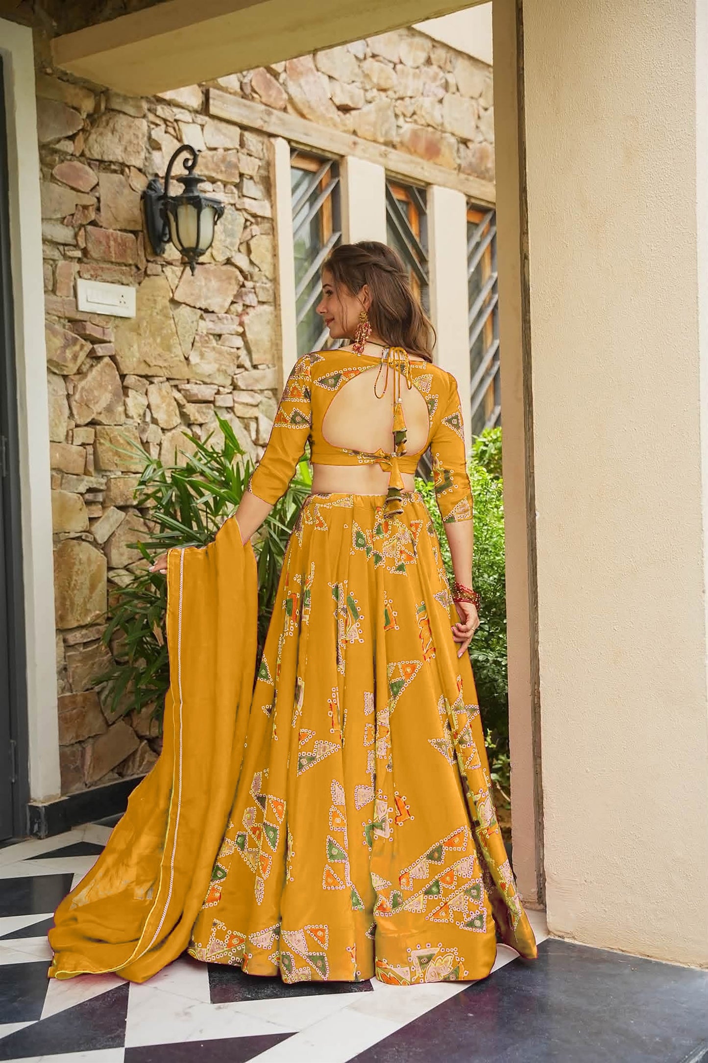 Gorgeous Mustard Yellow French Crepe Digital Printed Designer Lehenga Choli Set with Dupatta