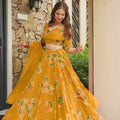Gorgeous Mustard Yellow French Crepe Digital Printed Designer Lehenga Choli Set with Dupatta