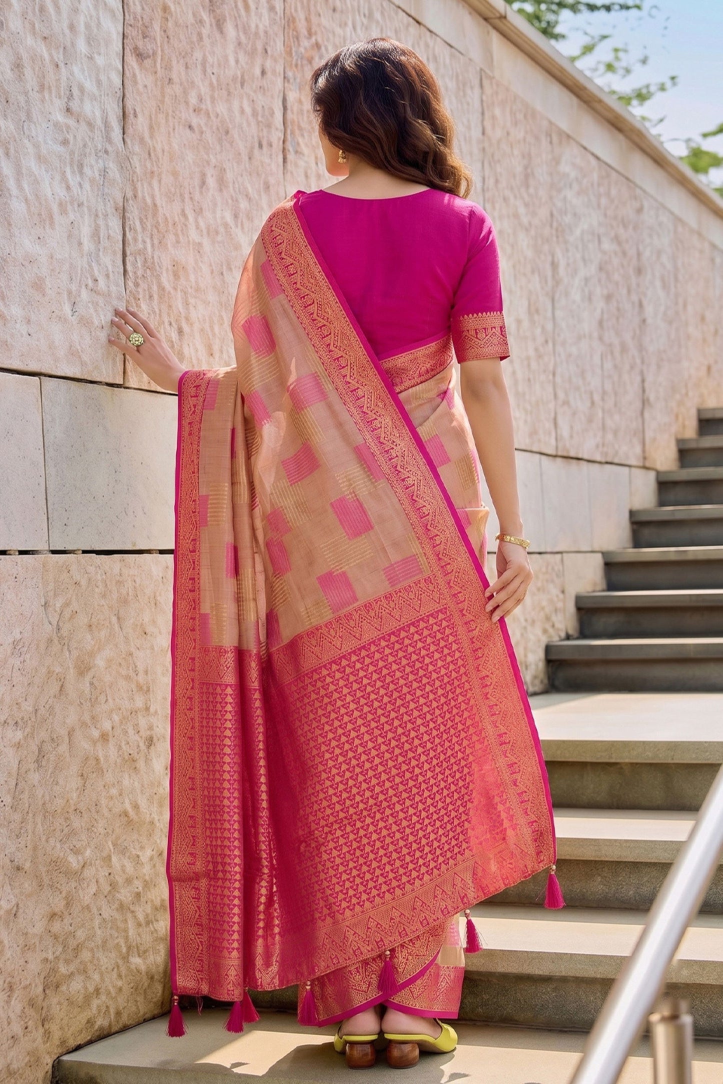 Premium Peach Pink Linen Cotton Woven Designer Saree for Women