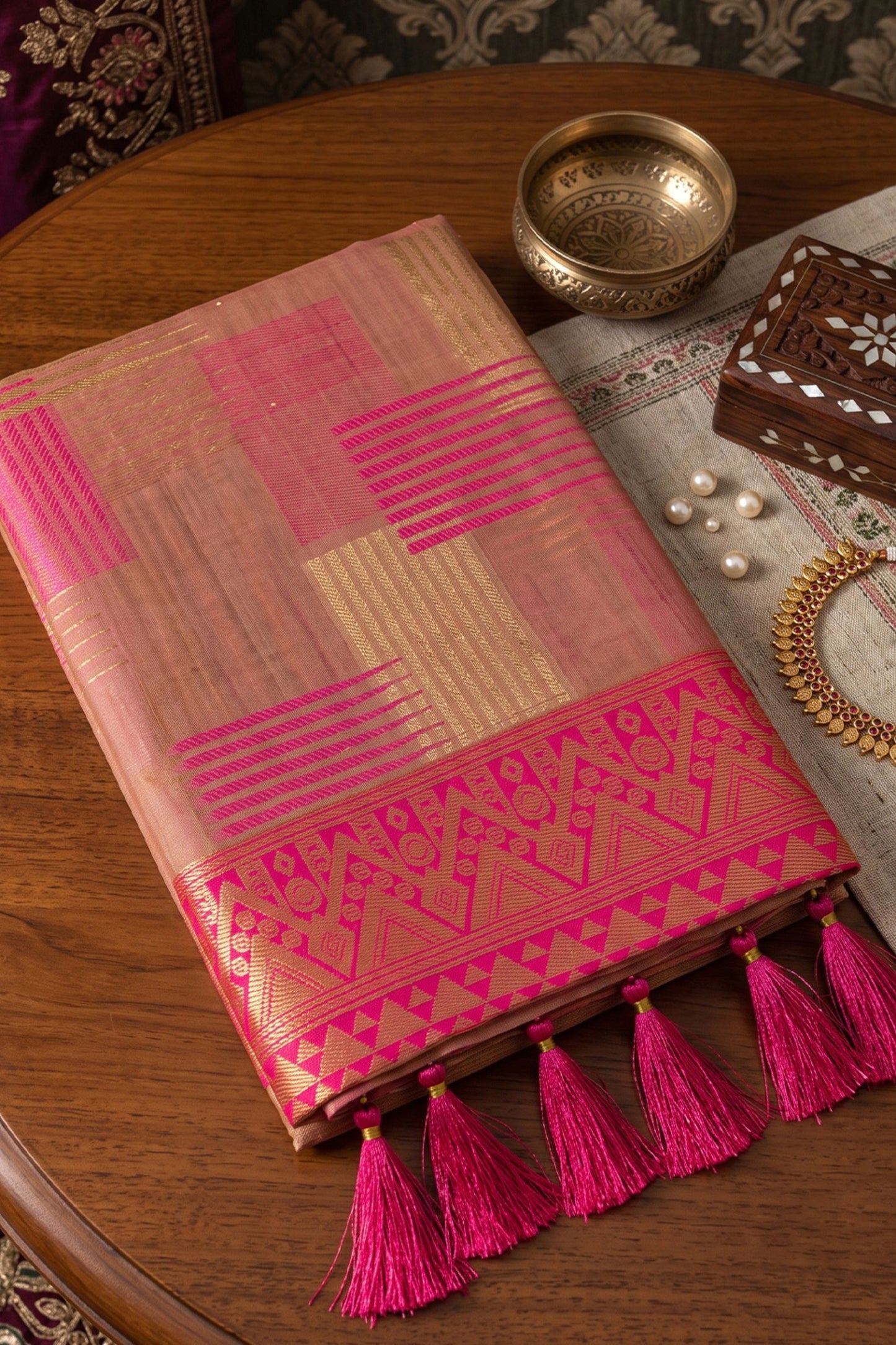 Premium Peach Pink Linen Cotton Woven Designer Saree for Women