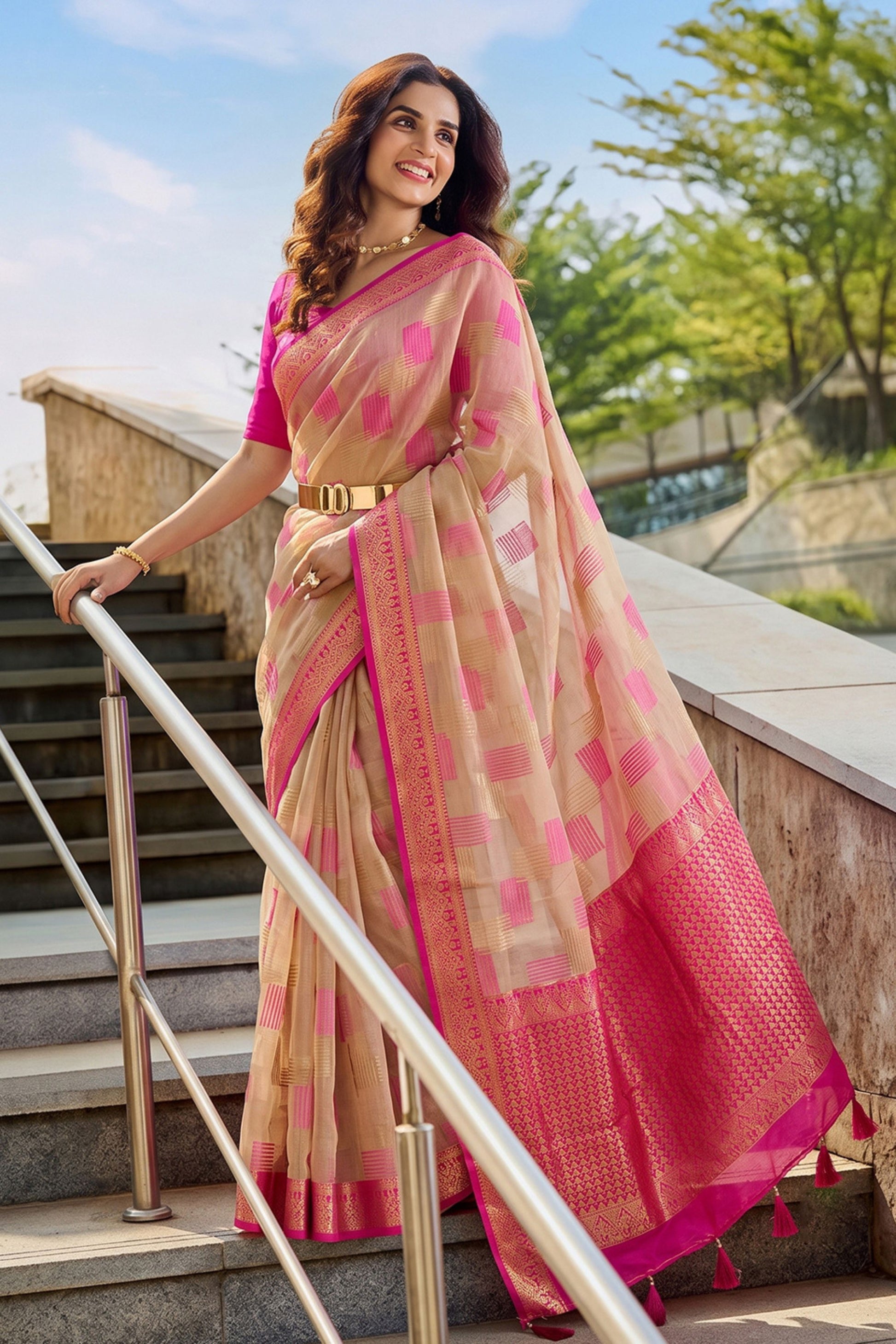 Premium Peach Pink Linen Cotton Woven Designer Saree for Women
