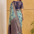 Stylish Aqua Blue Linen Cotton Woven Designer Saree for Women