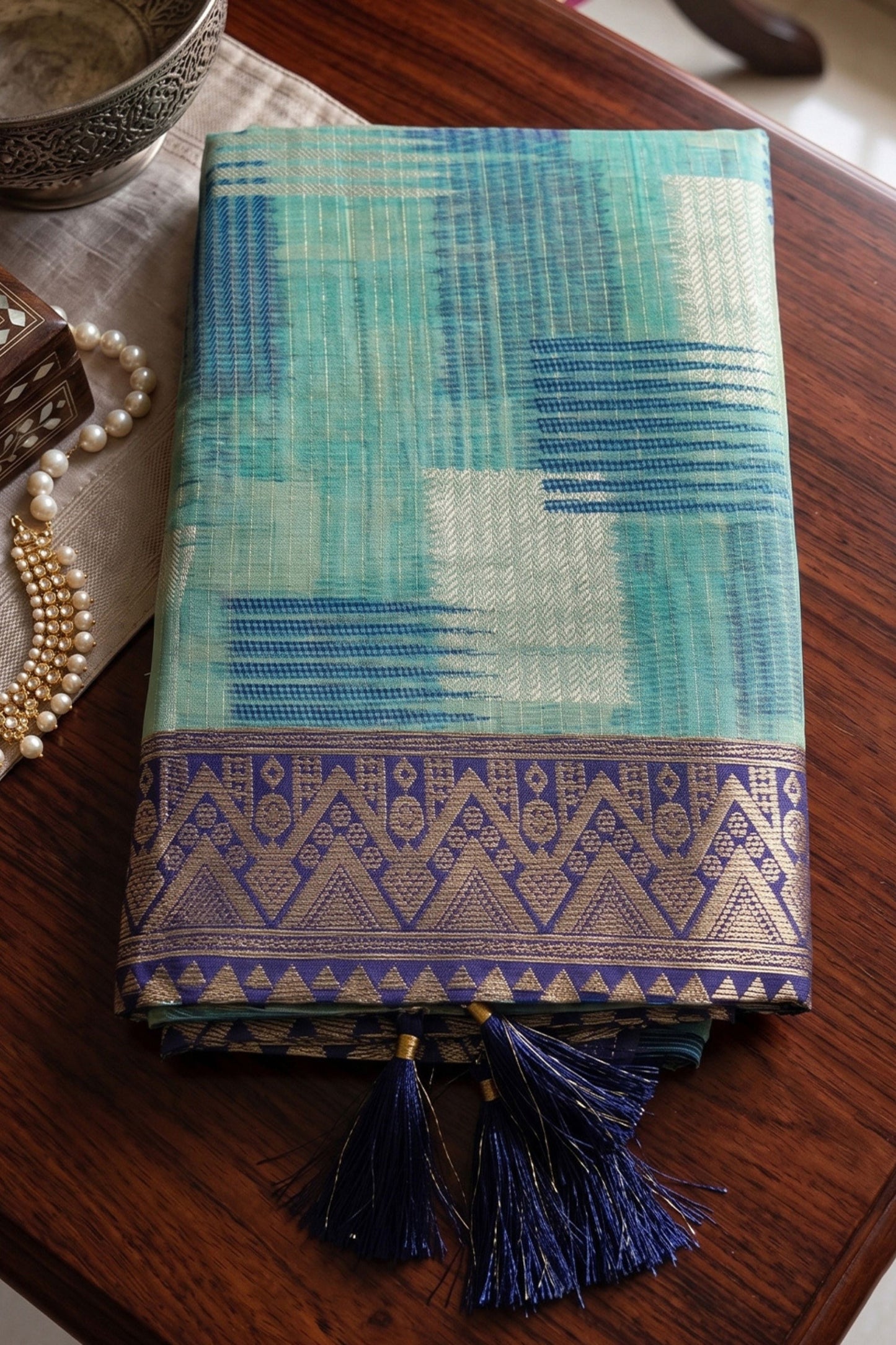 Stylish Aqua Blue Linen Cotton Woven Designer Saree for Women