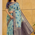 Stylish Aqua Blue Linen Cotton Woven Designer Saree for Women