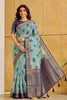 Stylish Aqua Blue Linen Cotton Woven Designer Saree for Women